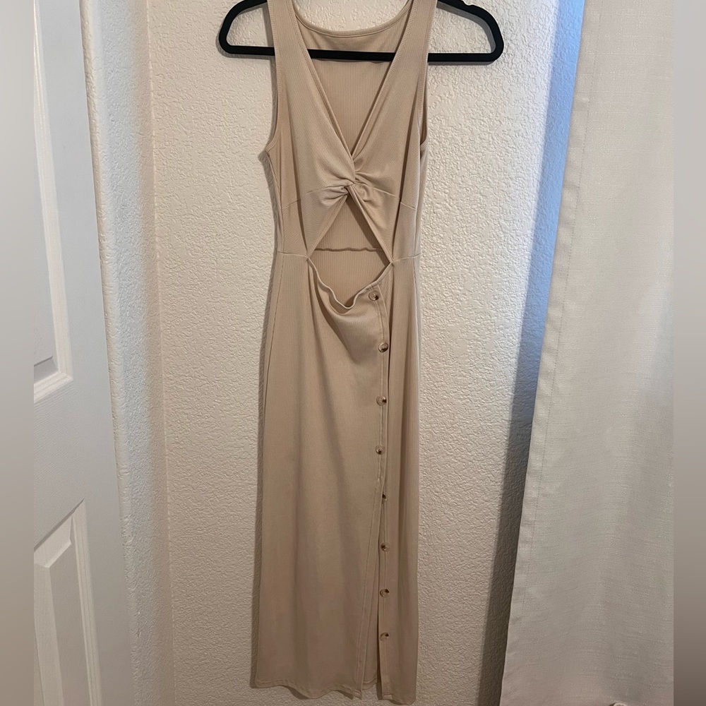 Beige/Cream Fitted Midi Dress